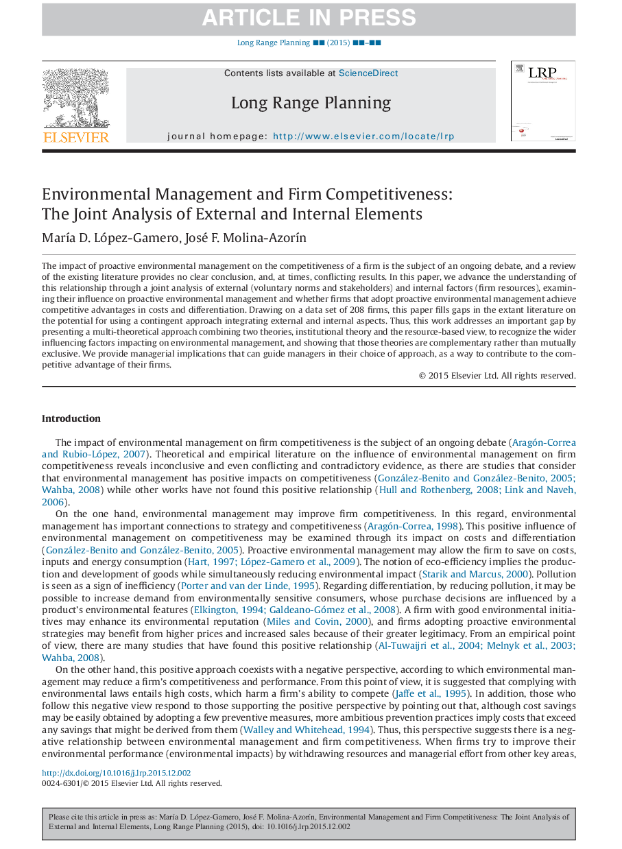 Environmental Management and Firm Competitiveness: The Joint Analysis of External and Internal Elements