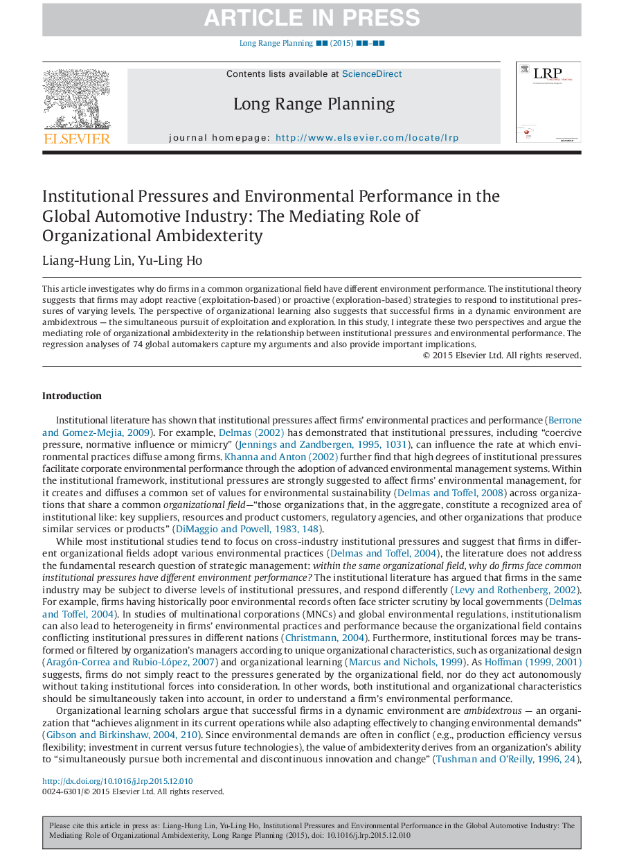 Institutional Pressures and Environmental Performance in the Global Automotive Industry: The Mediating Role of Organizational Ambidexterity