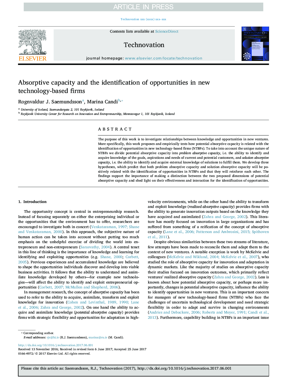 Absorptive capacity and the identification of opportunities in new technology-based firms