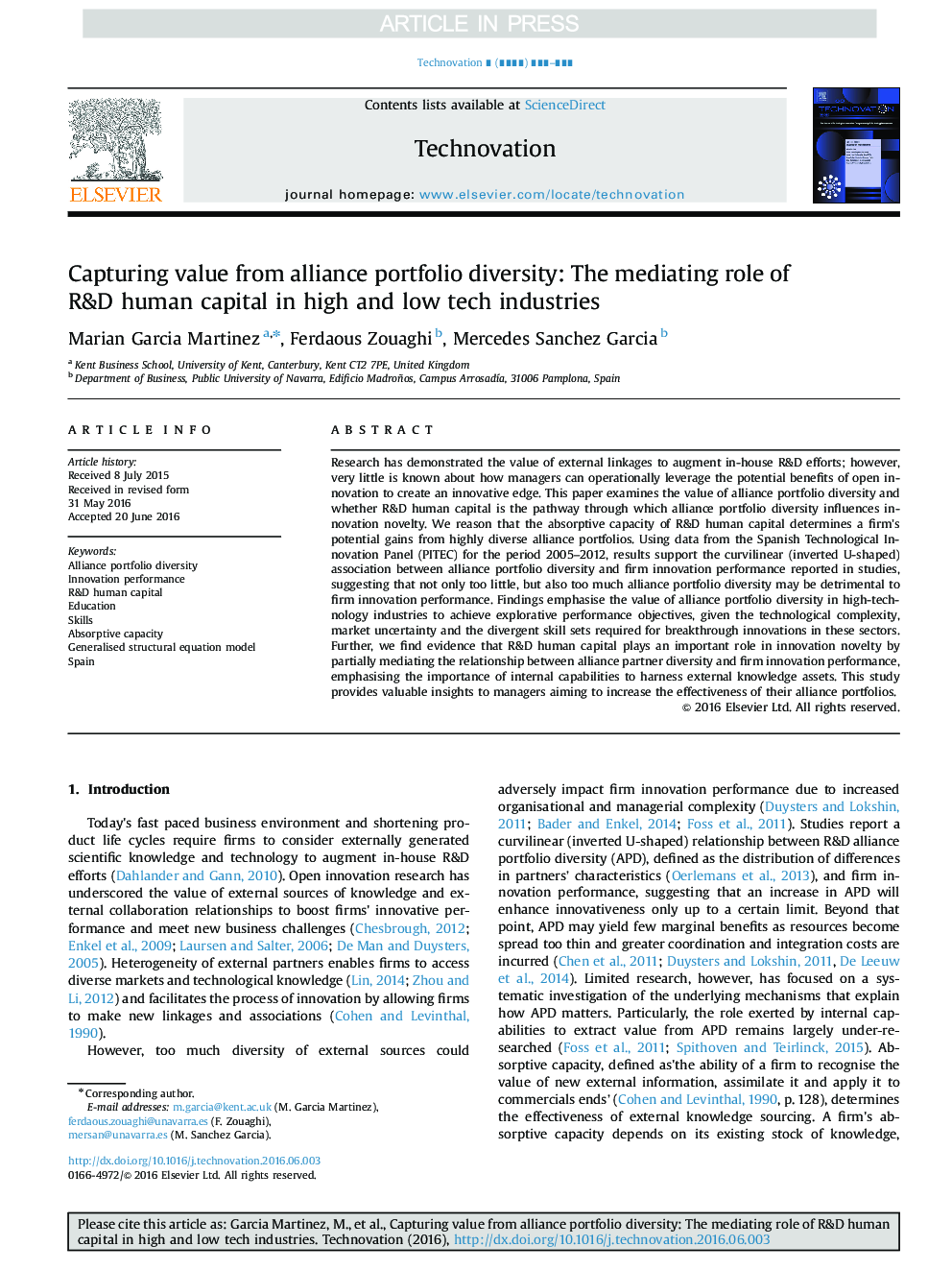 Capturing value from alliance portfolio diversity: The mediating role of R&D human capital in high and low tech industries