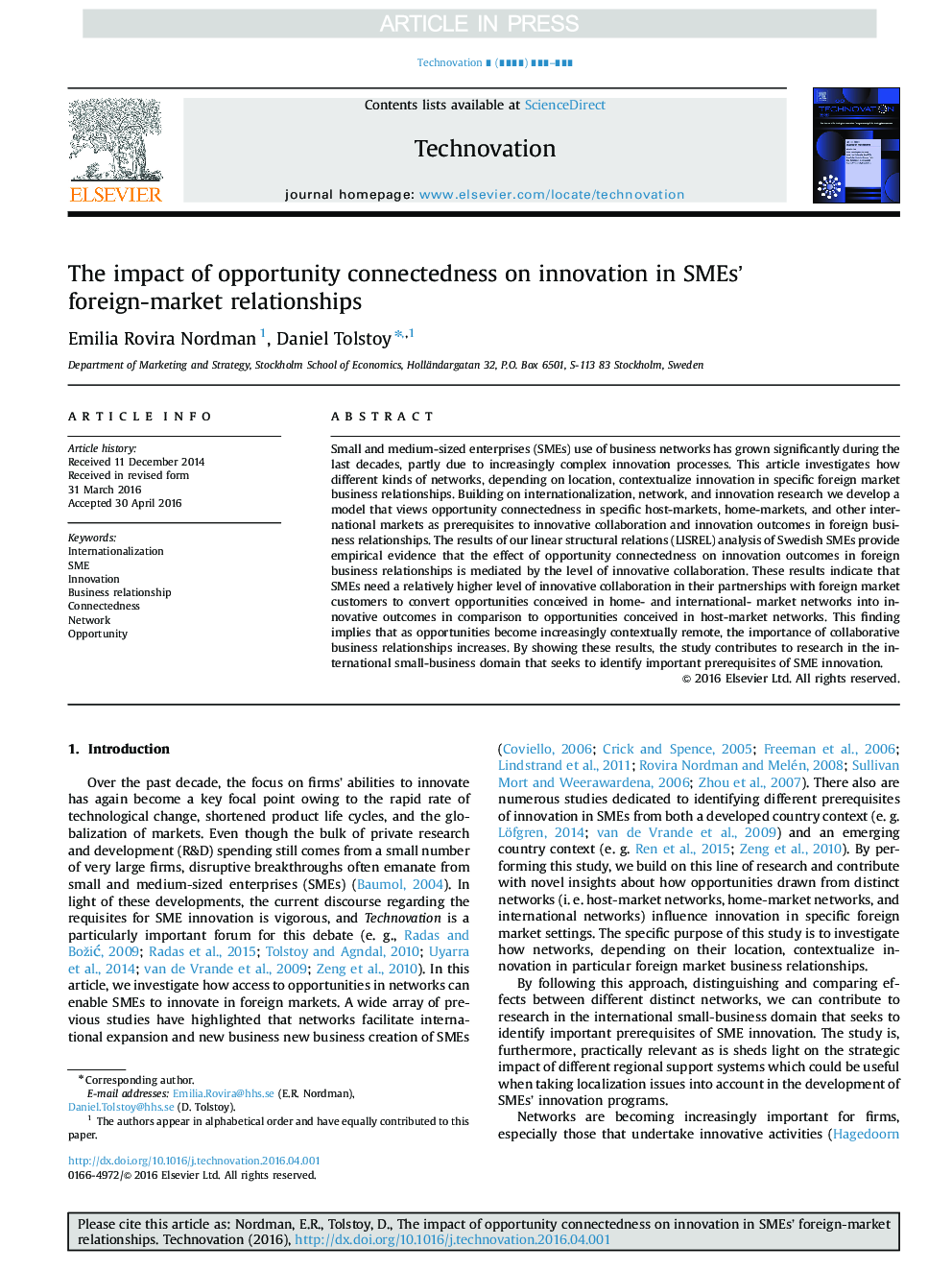 The impact of opportunity connectedness on innovation in SMEs' foreign-market relationships