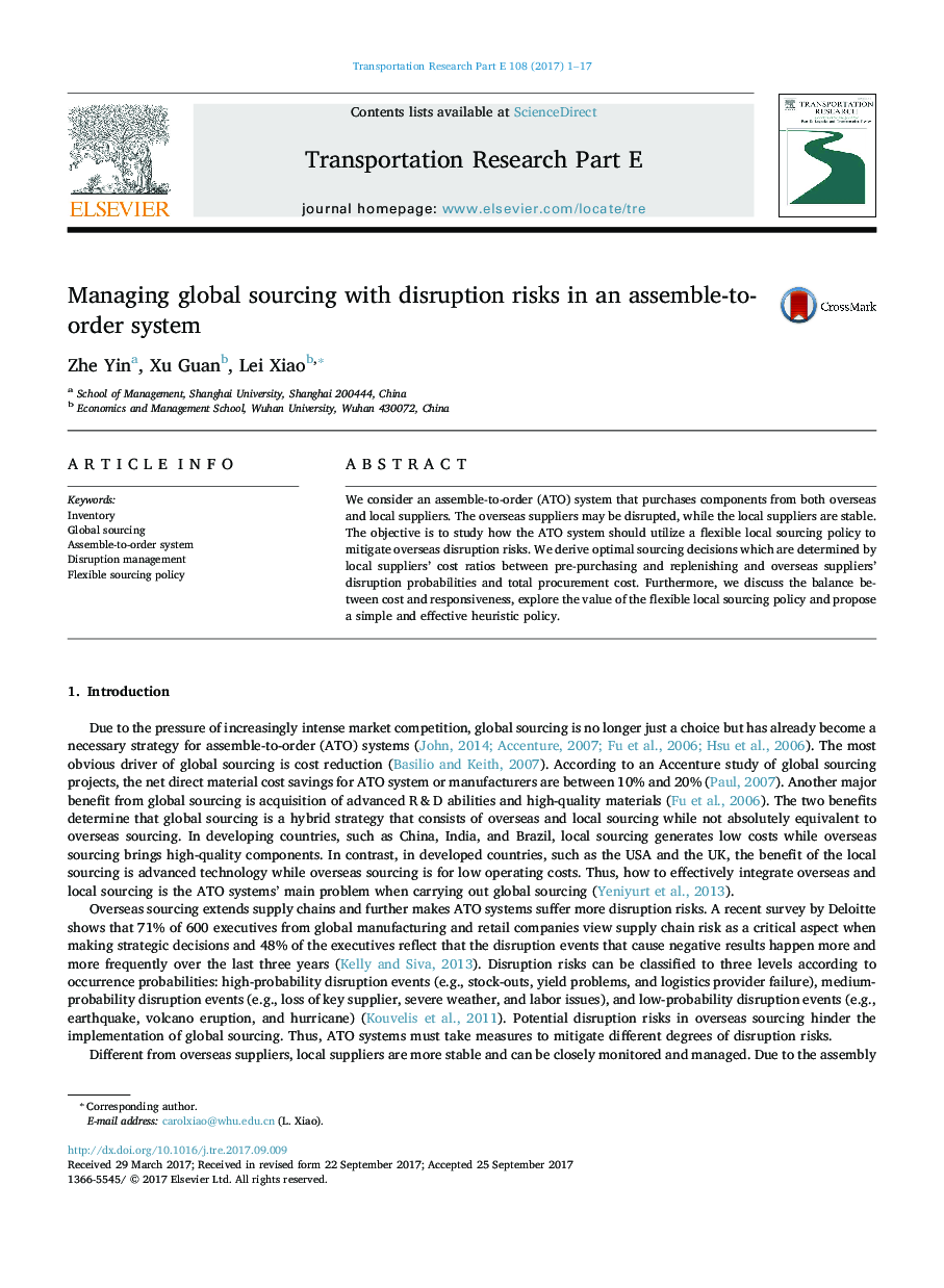 Managing global sourcing with disruption risks in an assemble-to-order system