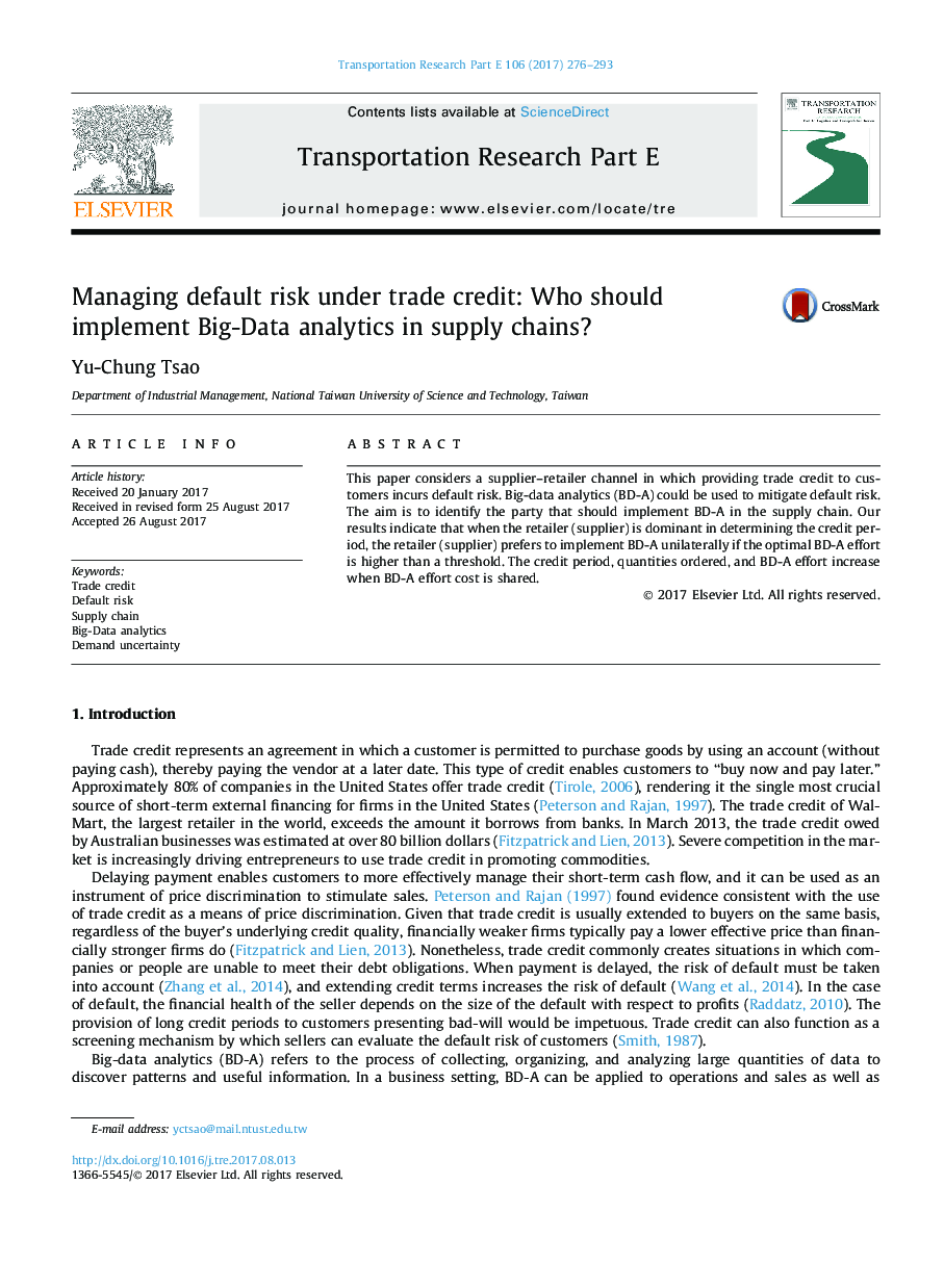 Managing default risk under trade credit: Who should implement Big-Data analytics in supply chains?