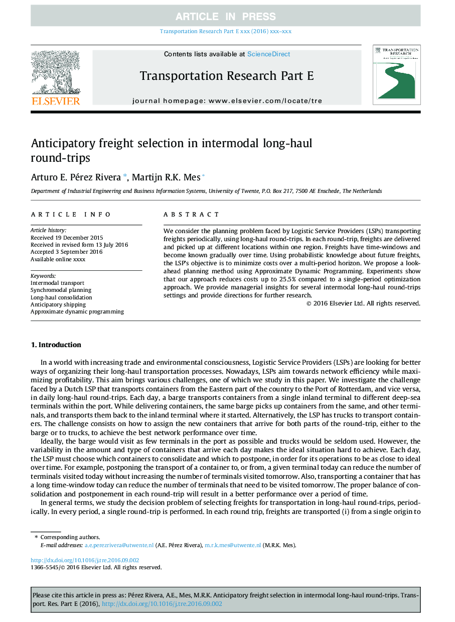 Anticipatory freight selection in intermodal long-haul round-trips