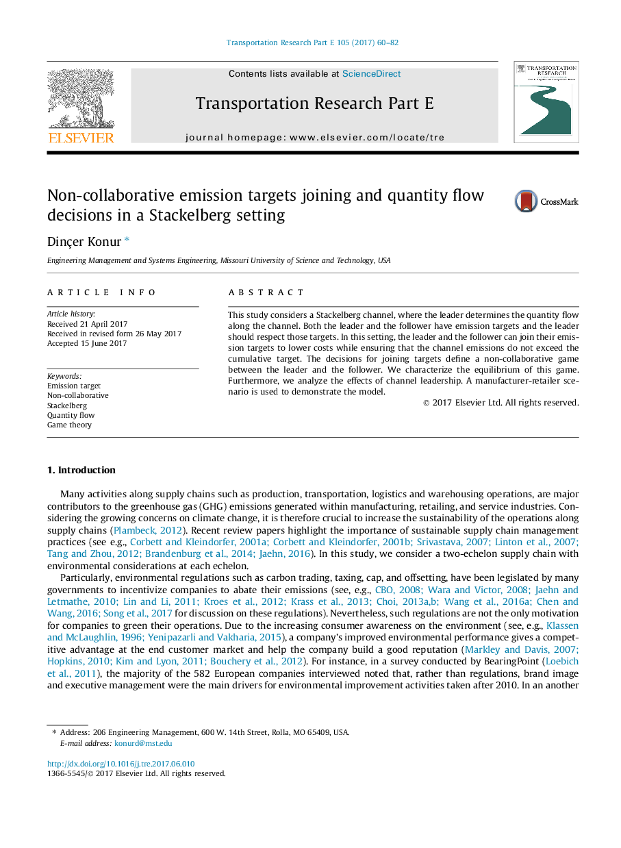 Non-collaborative emission targets joining and quantity flow decisions in a Stackelberg setting