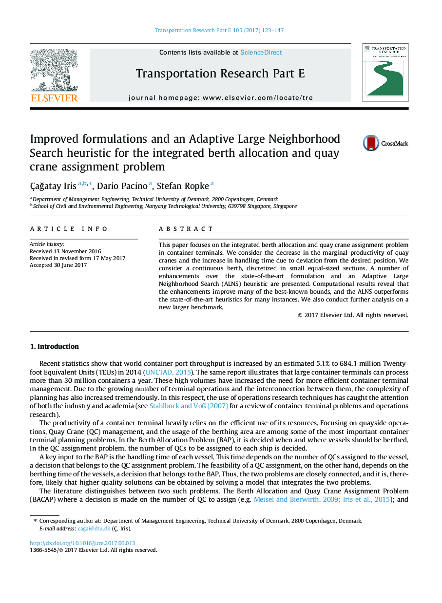 Improved formulations and an Adaptive Large Neighborhood Search heuristic for the integrated berth allocation and quay crane assignment problem