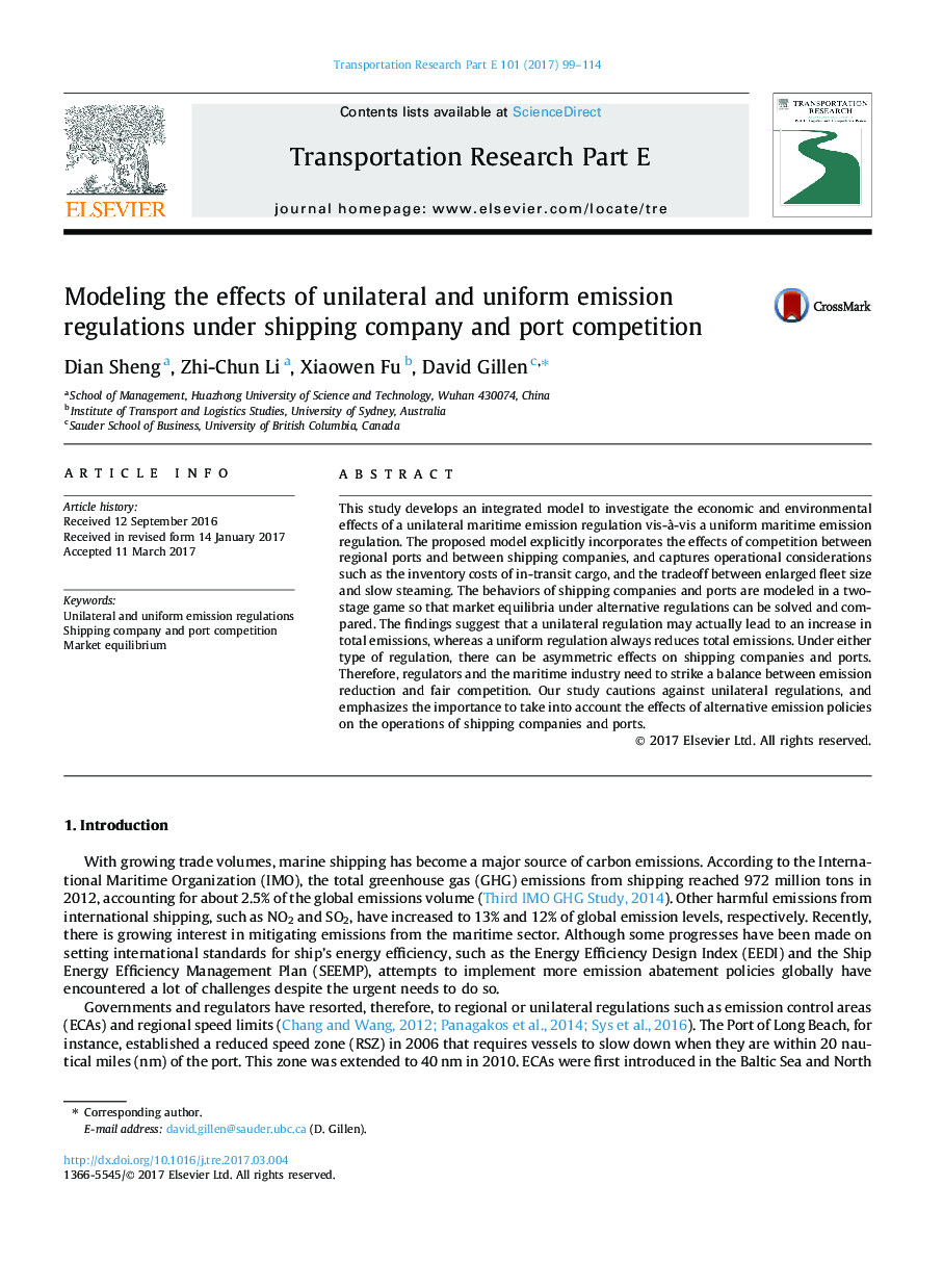 Modeling the effects of unilateral and uniform emission regulations under shipping company and port competition