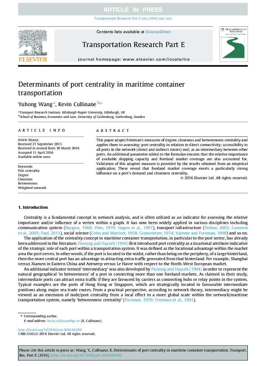Determinants of port centrality in maritime container transportation