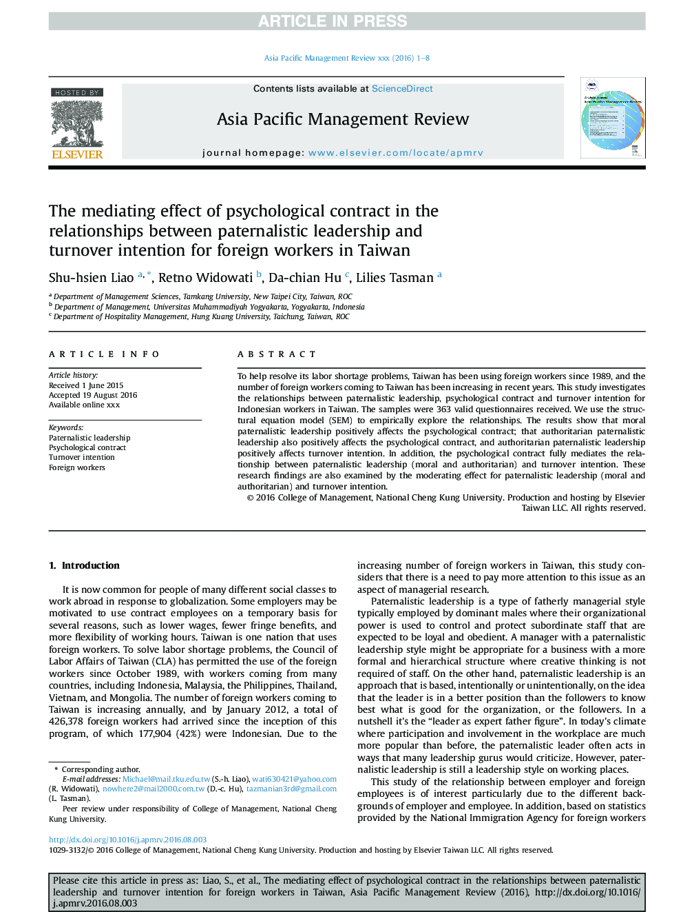 The mediating effect of psychological contract in the relationships between paternalistic leadership and turnover intention for foreign workers in Taiwan