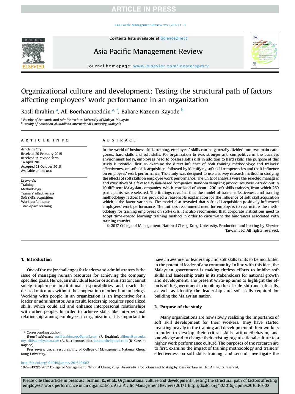 Organizational culture and development: Testing the structural path of factors affecting employees' work performance in an organization