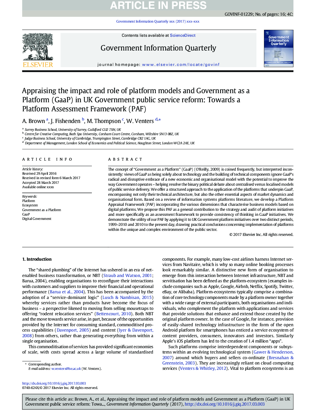 Appraising the impact and role of platform models and Government as a Platform (GaaP) in UK Government public service reform: Towards a Platform Assessment Framework (PAF)