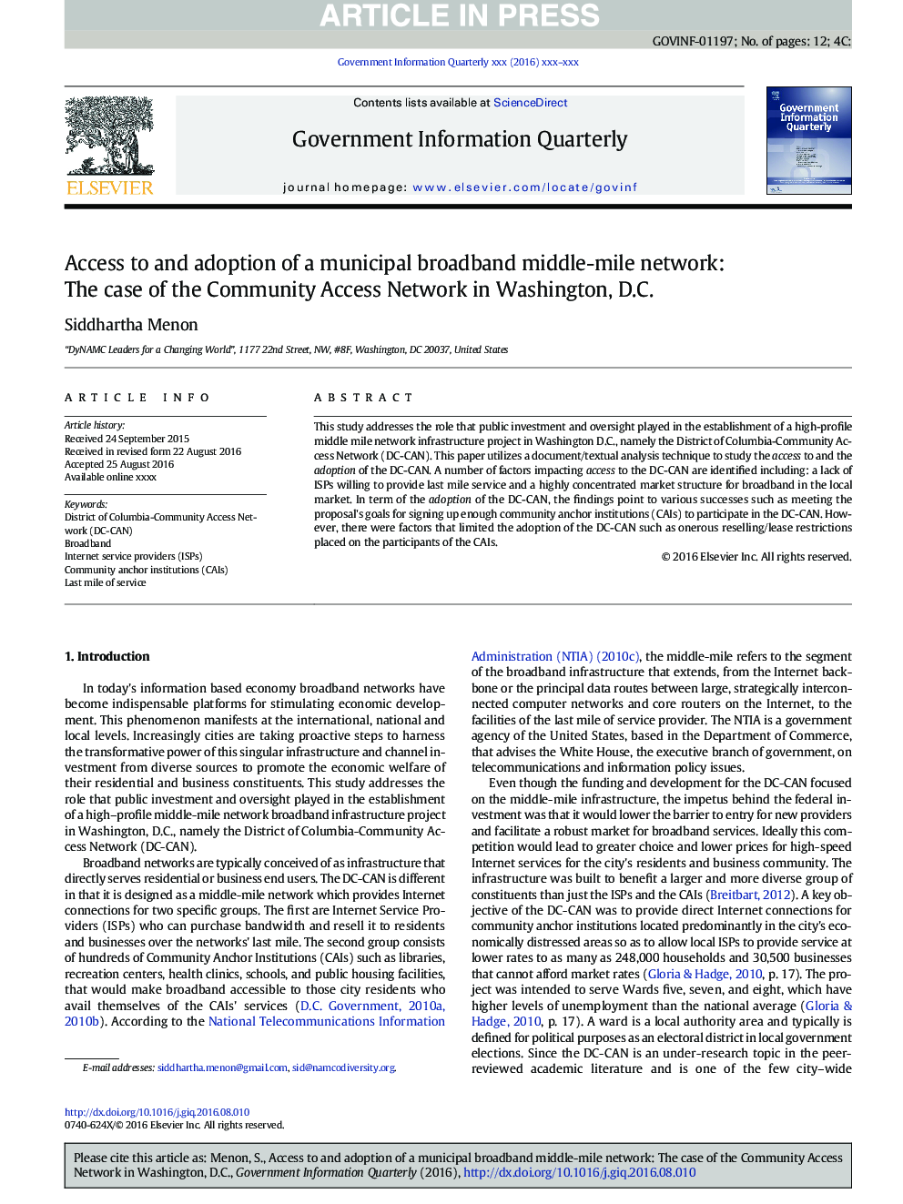 Access to and adoption of a municipal broadband middle-mile network: The case of the Community Access Network in Washington, D.C.