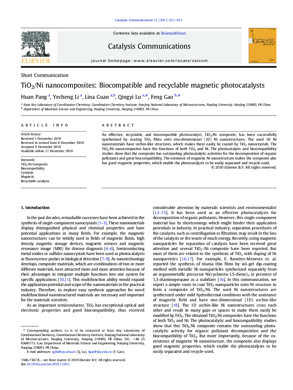 TiO2/Ni nanocomposites: Biocompatible and recyclable magnetic photocatalysts