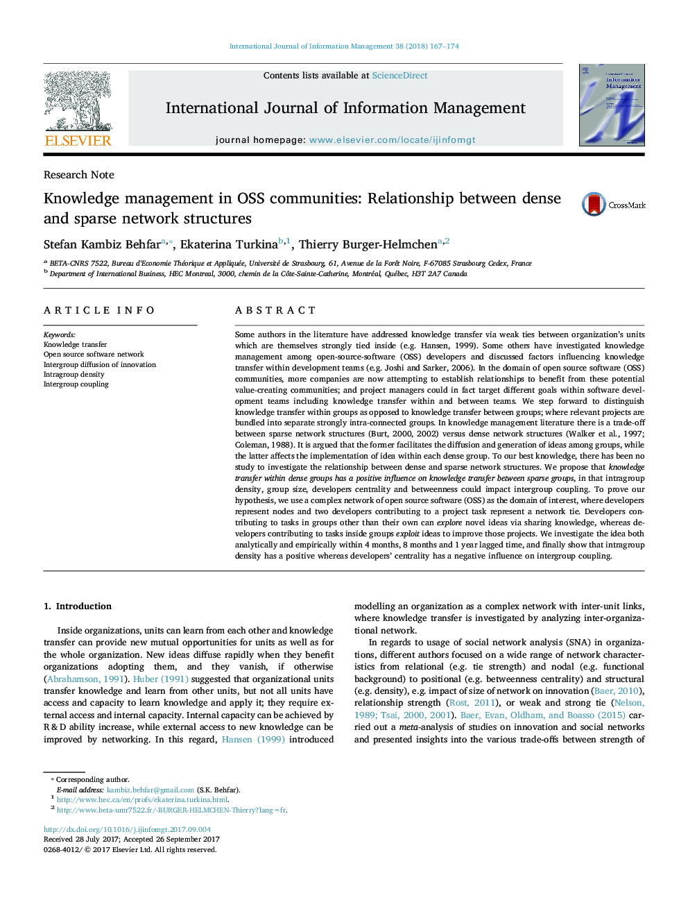 Knowledge management in OSS communities: Relationship between dense and sparse network structures