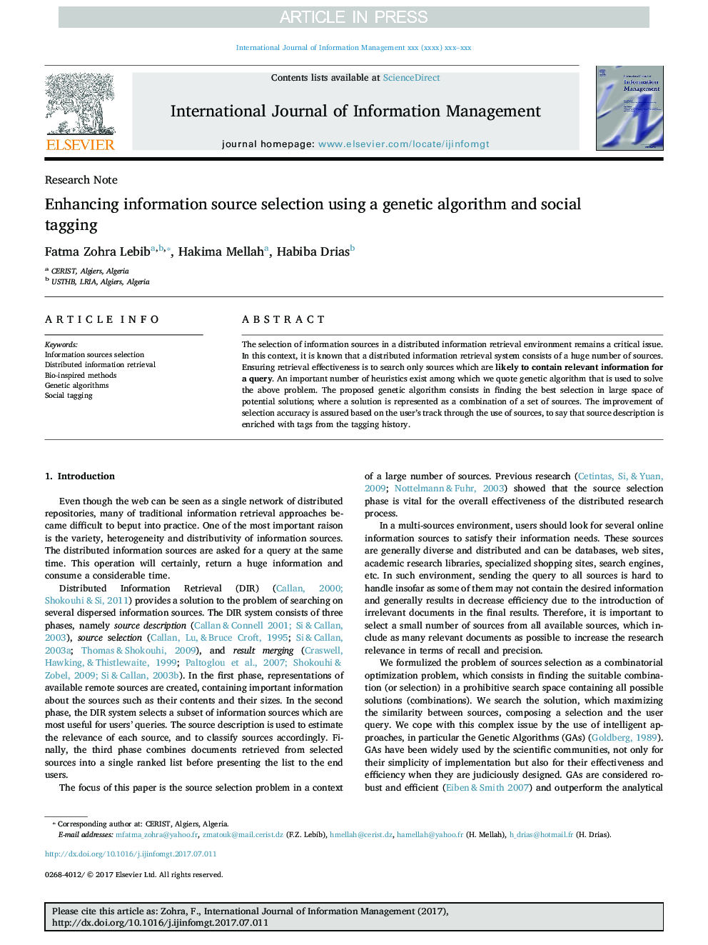 Enhancing information source selection using a genetic algorithm and social tagging