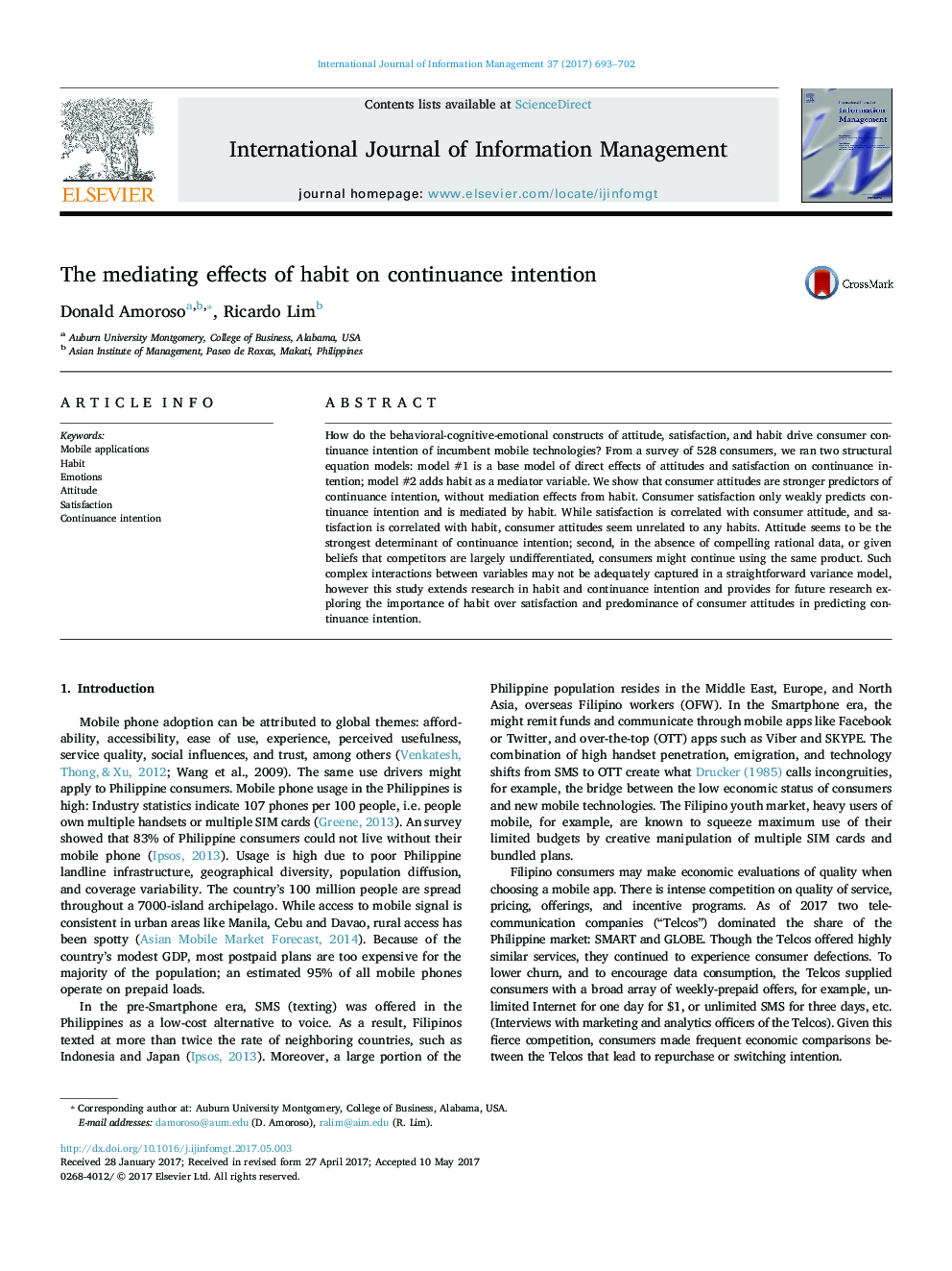 The mediating effects of habit on continuance intention