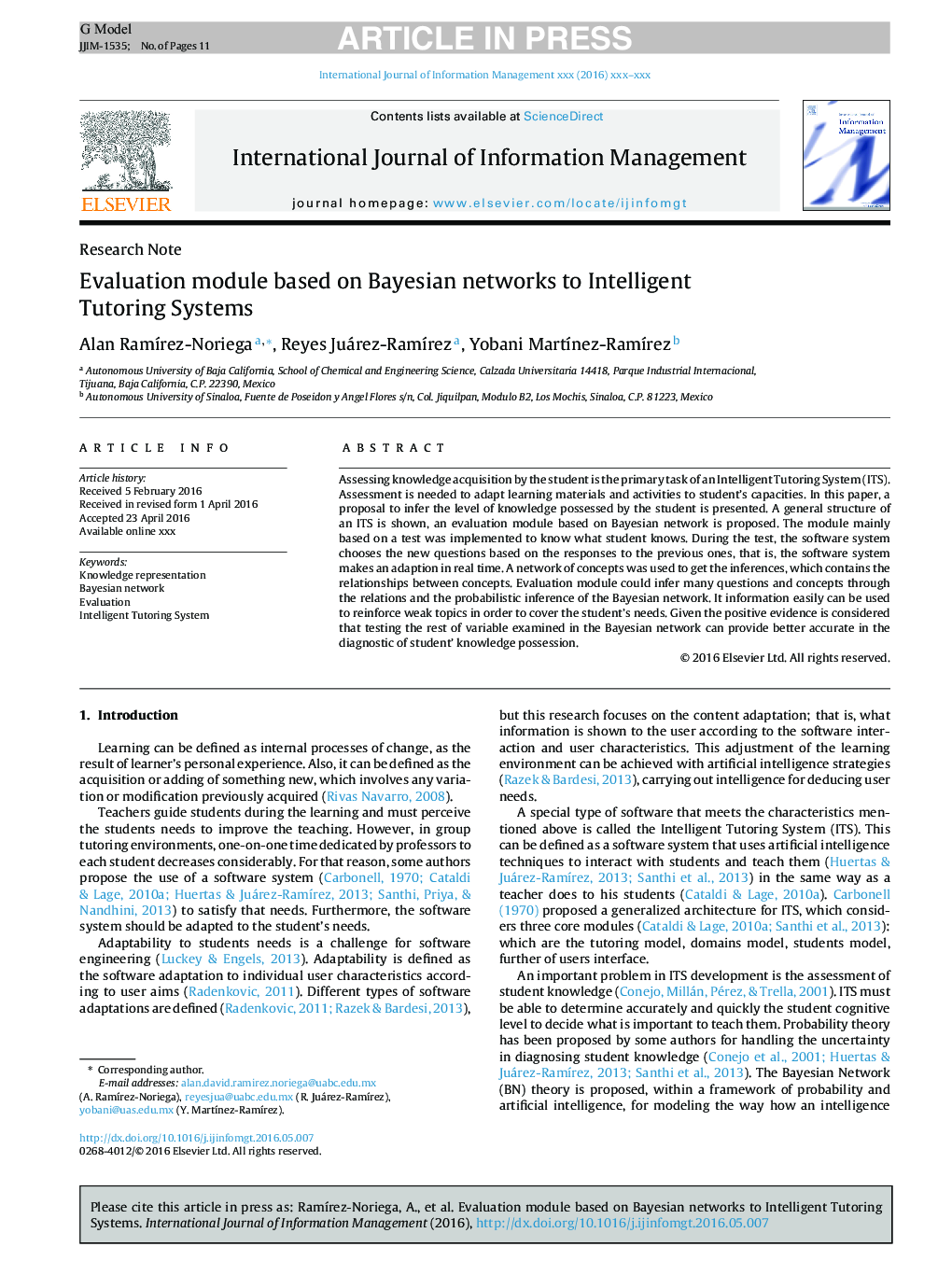 Evaluation module based on Bayesian networks to Intelligent Tutoring Systems