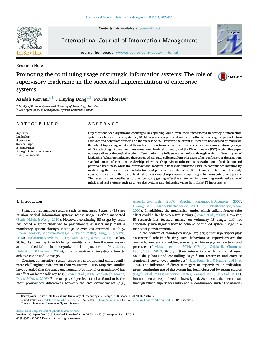 Promoting the continuing usage of strategic information systems: The role of supervisory leadership in the successful implementation of enterprise systems