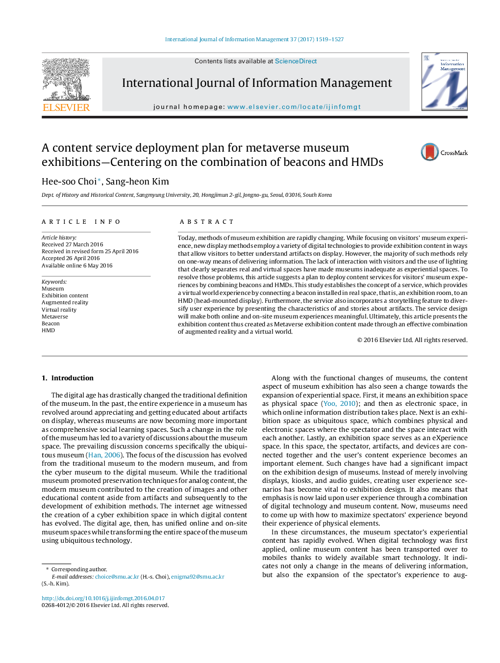 A content service deployment plan for metaverse museum exhibitions-Centering on the combination of beacons and HMDs