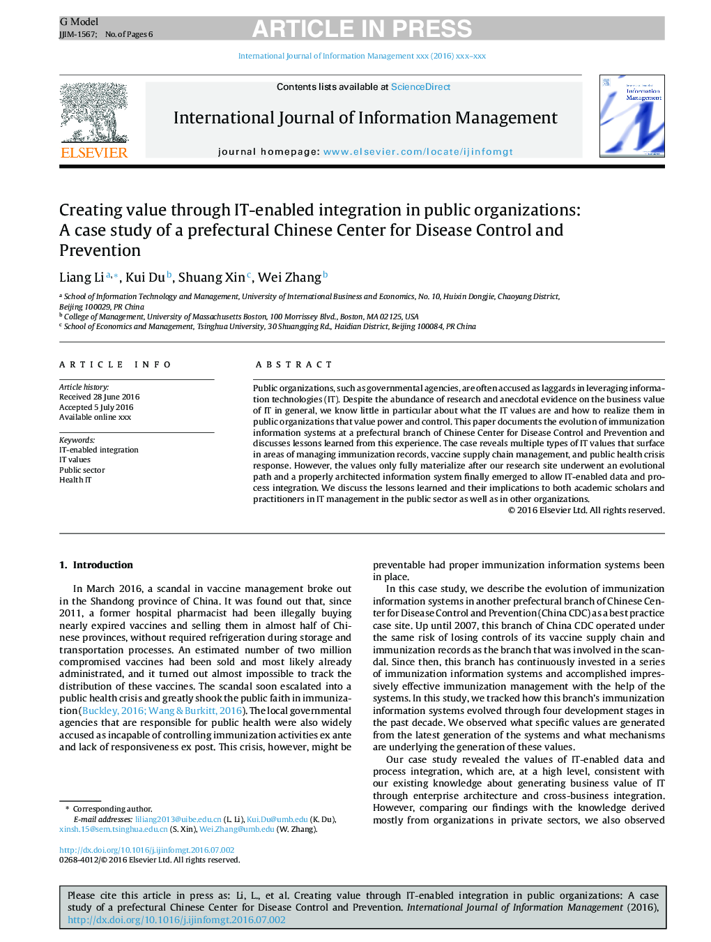 Creating value through IT-enabled integration in public organizations: A case study of a prefectural Chinese Center for Disease Control and Prevention