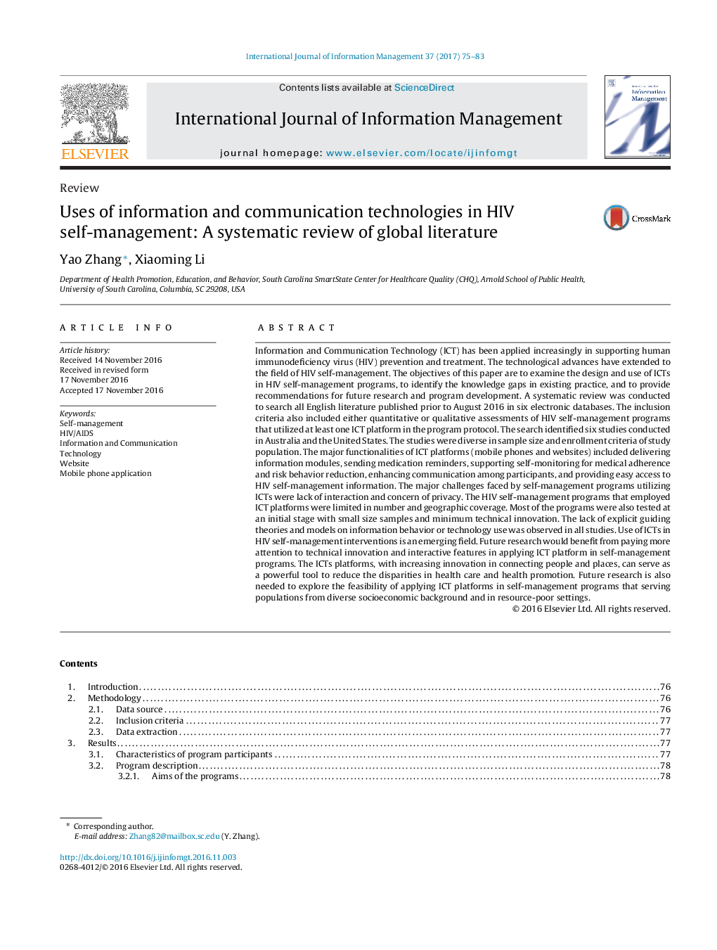 Uses of information and communication technologies in HIV self-management: A systematic review of global literature