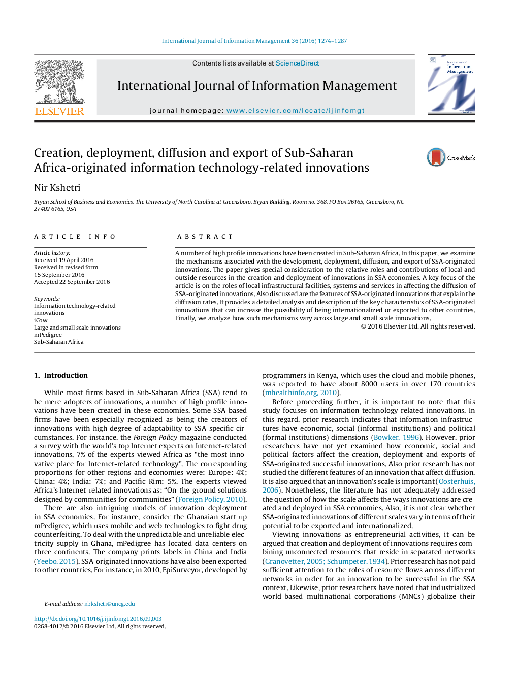 Creation, deployment, diffusion and export of Sub-Saharan Africa-originated information technology-related innovations