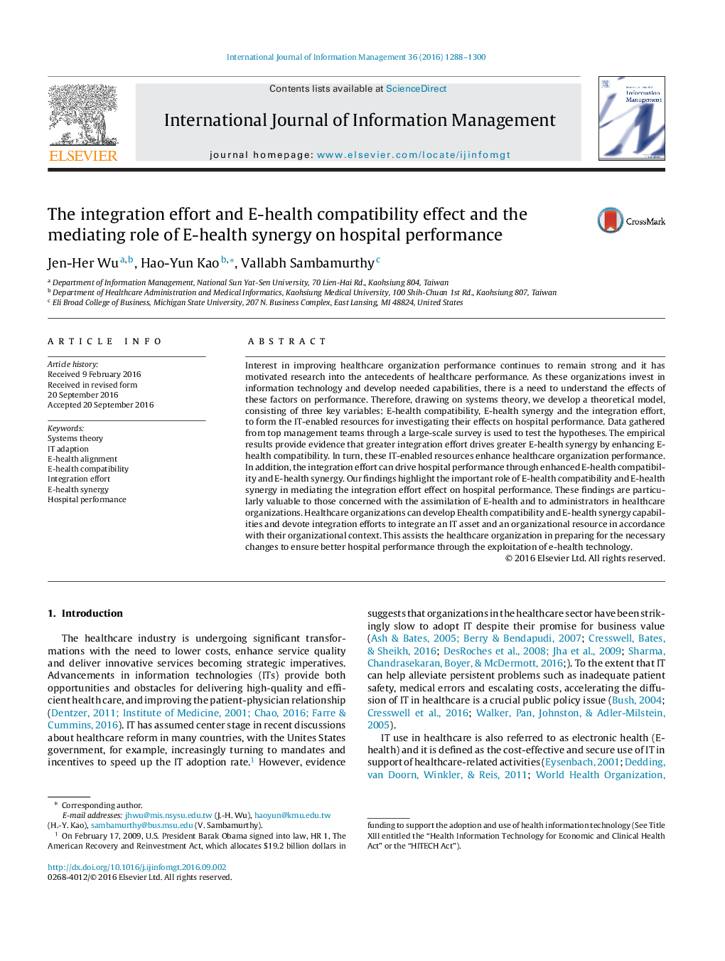 The integration effort and E-health compatibility effect and the mediating role of E-health synergy on hospital performance