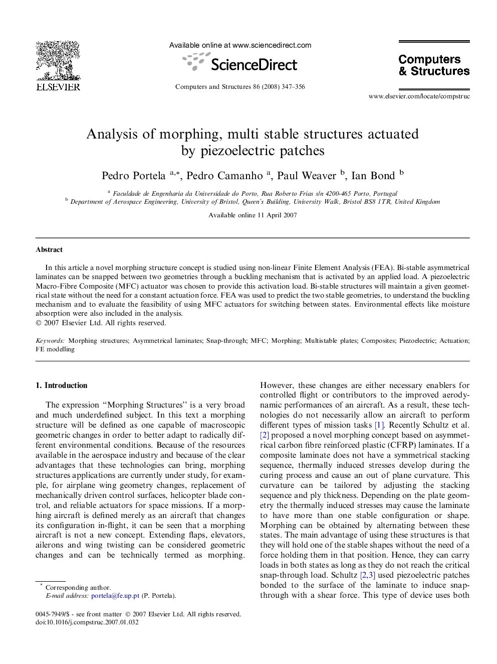 Analysis of morphing, multi stable structures actuated by piezoelectric patches