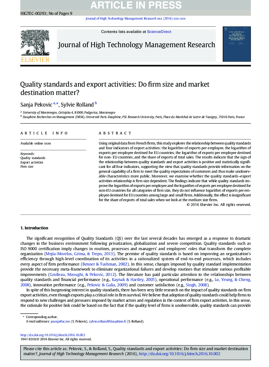 Quality standards and export activities: Do firm size and market destination matter?