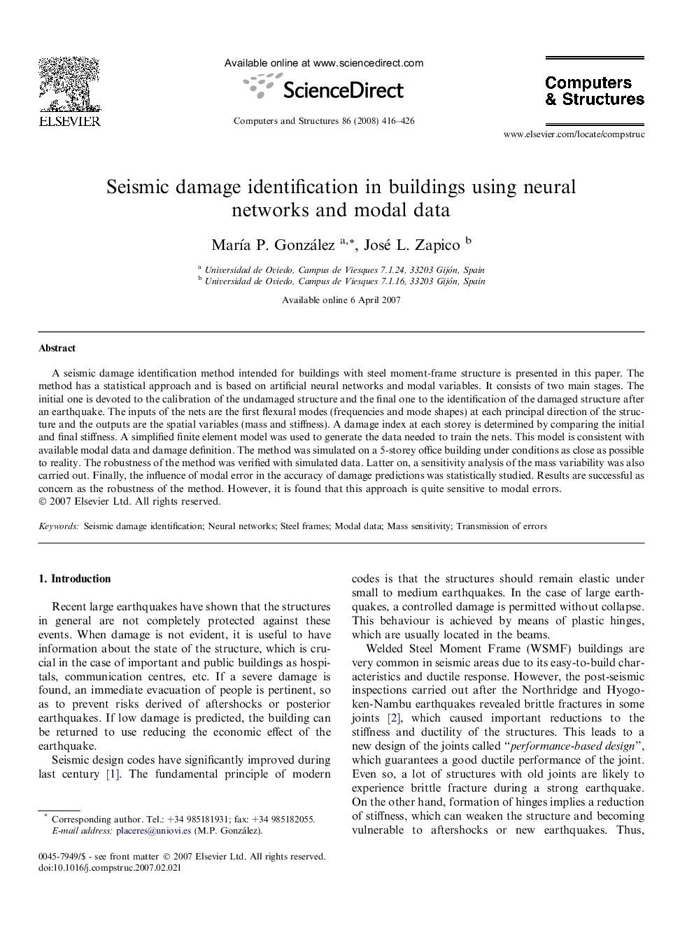 Seismic damage identification in buildings using neural networks and modal data