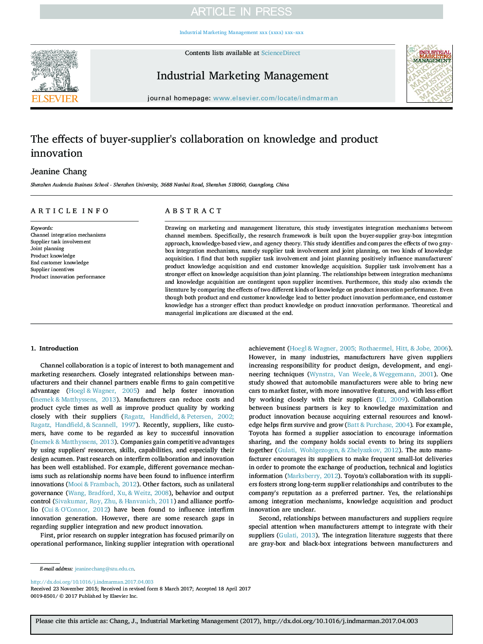 The effects of buyer-supplier's collaboration on knowledge and product innovation