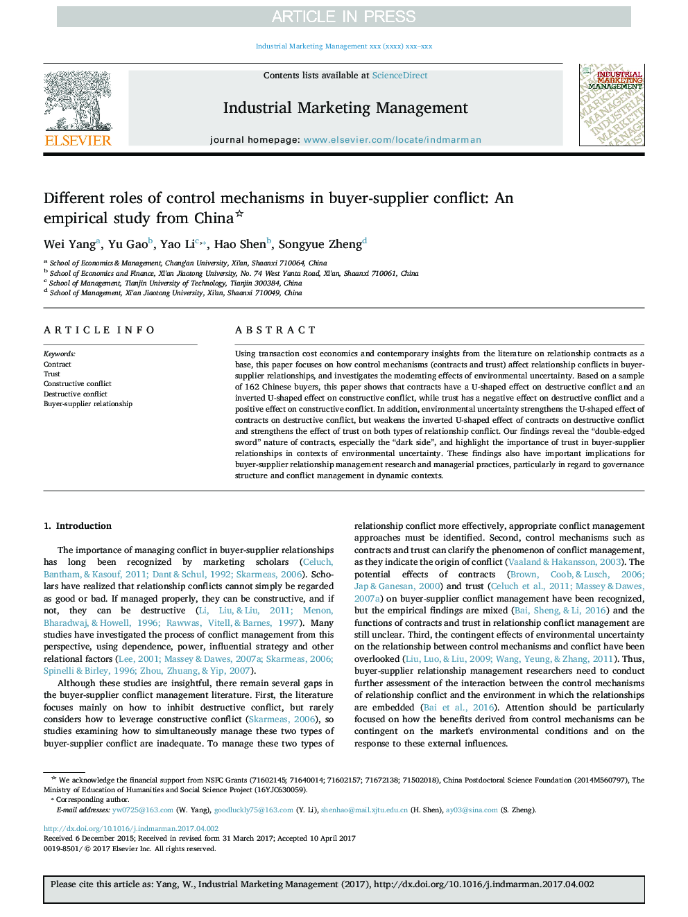 Different roles of control mechanisms in buyer-supplier conflict: An empirical study from China