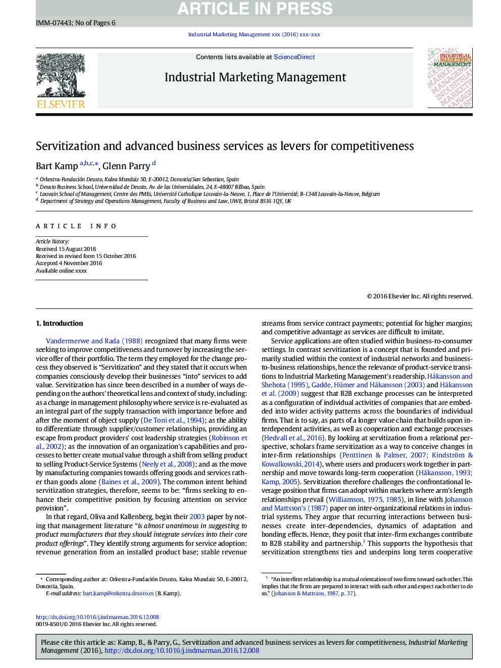 Servitization and advanced business services as levers for competitiveness