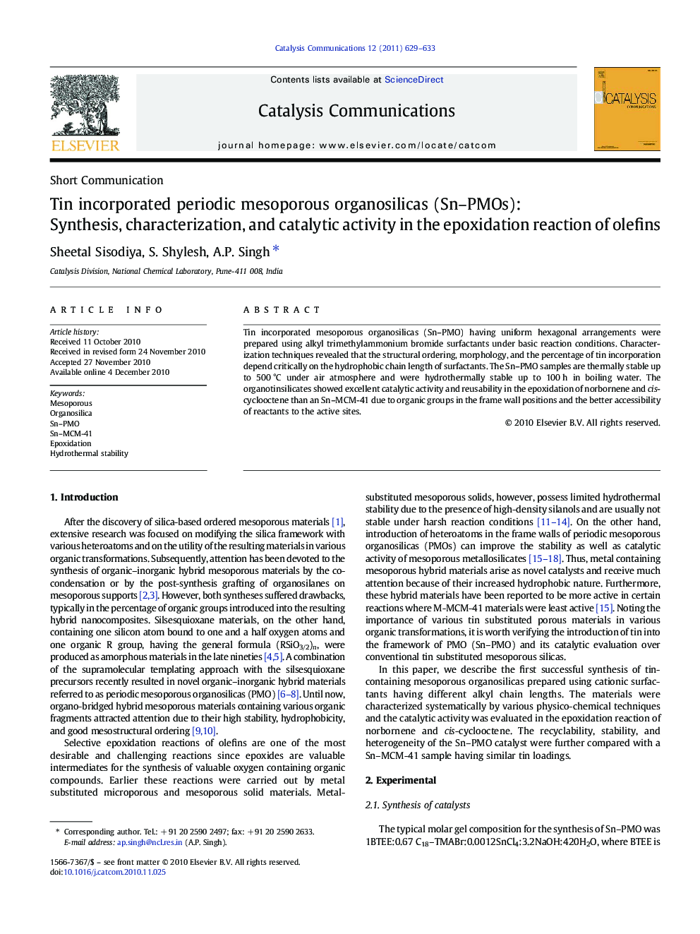 Tin incorporated periodic mesoporous organosilicas (Sn–PMOs): Synthesis, characterization, and catalytic activity in the epoxidation reaction of olefins