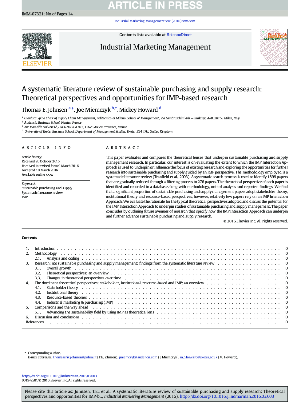 A systematic literature review of sustainable purchasing and supply research: Theoretical perspectives and opportunities for IMP-based research