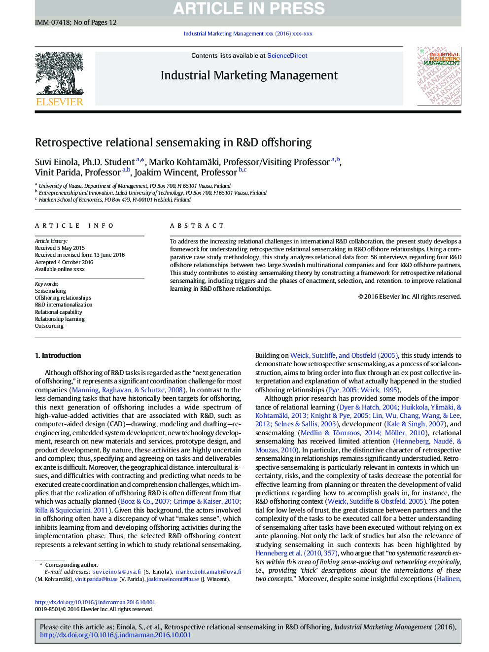 Retrospective relational sensemaking in R&D offshoring