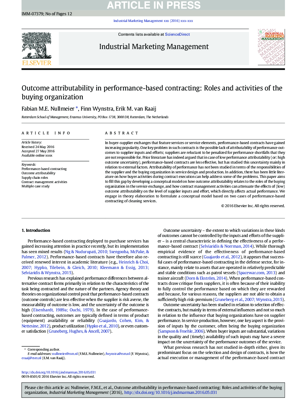 Outcome attributability in performance-based contracting: Roles and activities of the buying organization