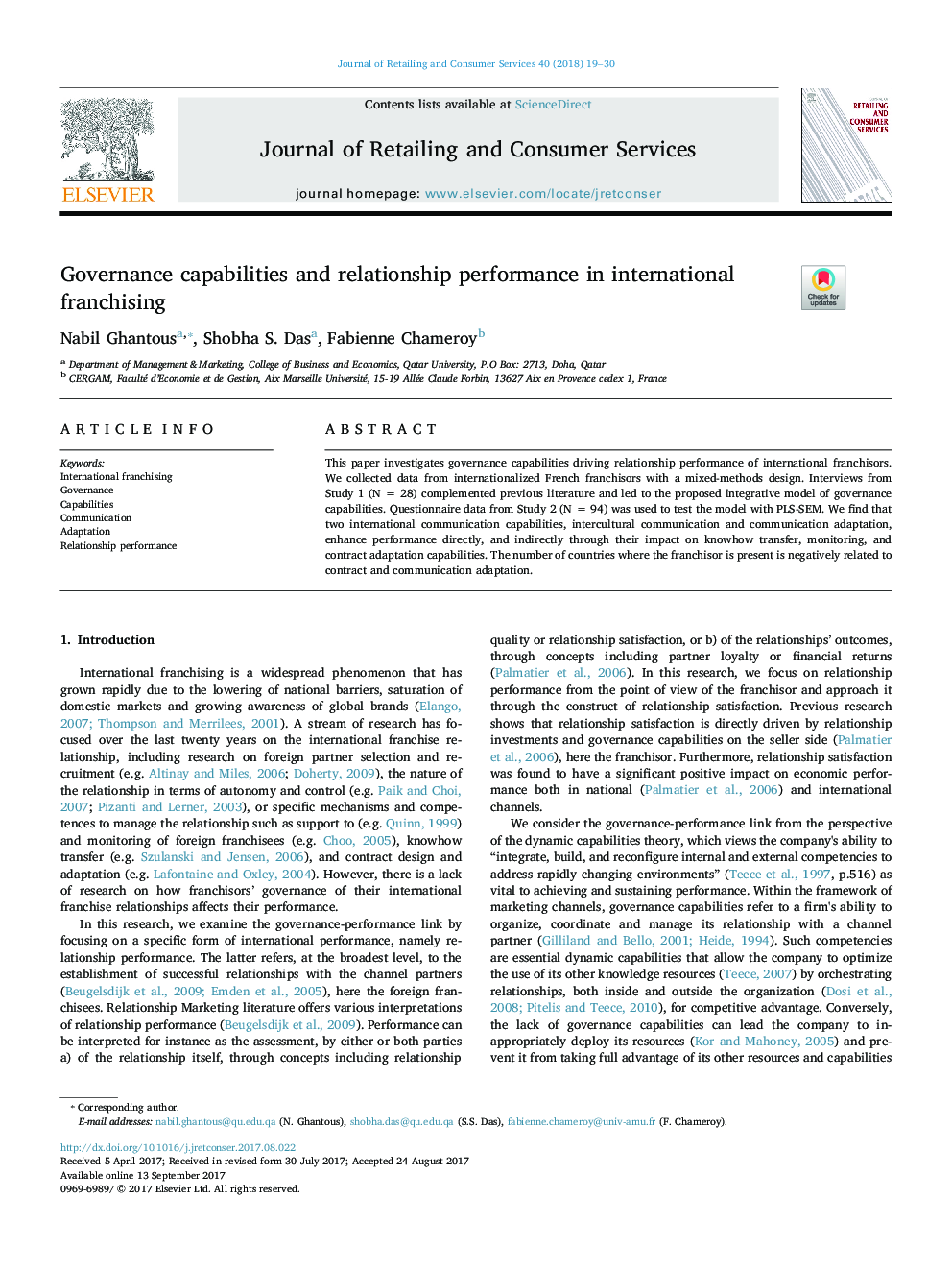 Governance capabilities and relationship performance in international franchising