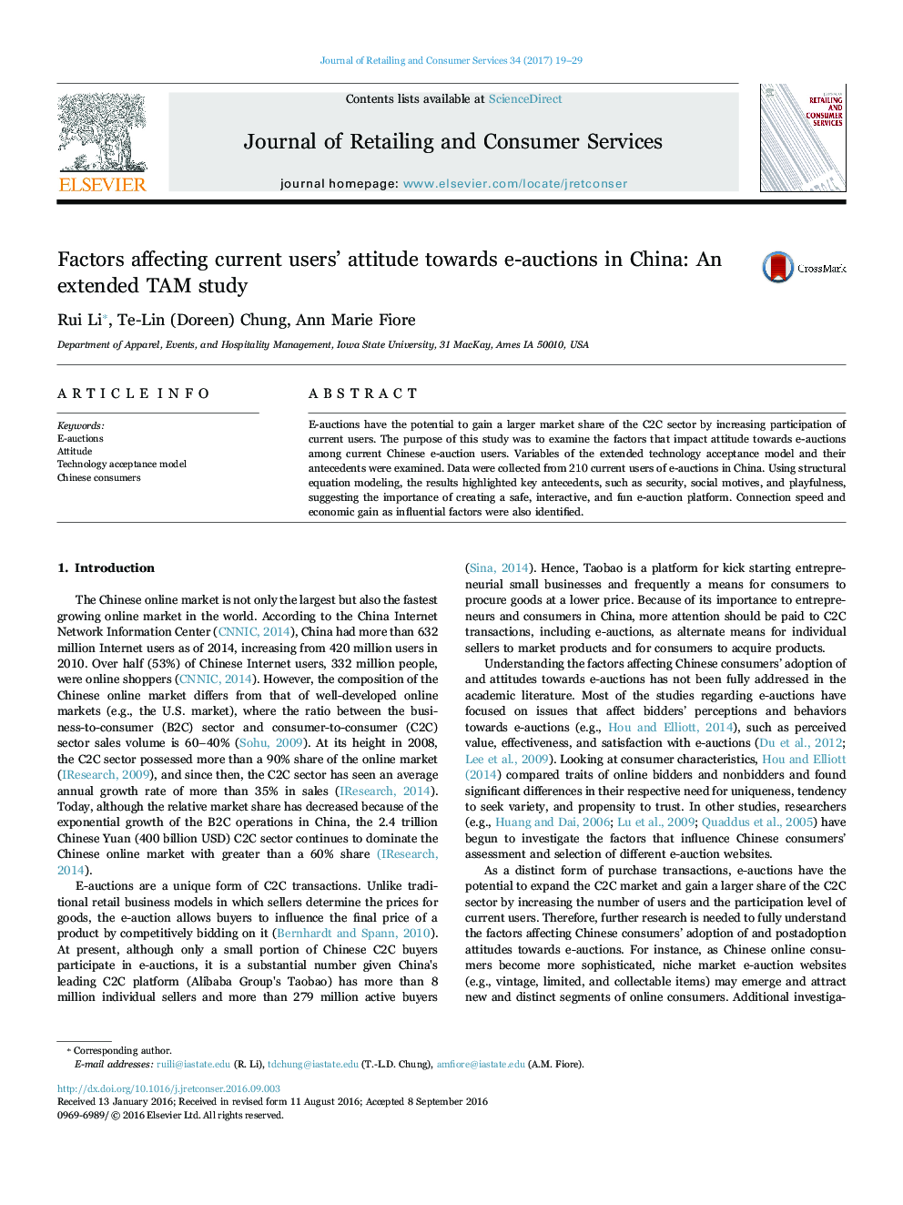 Factors affecting current users' attitude towards e-auctions in China: An extended TAM study