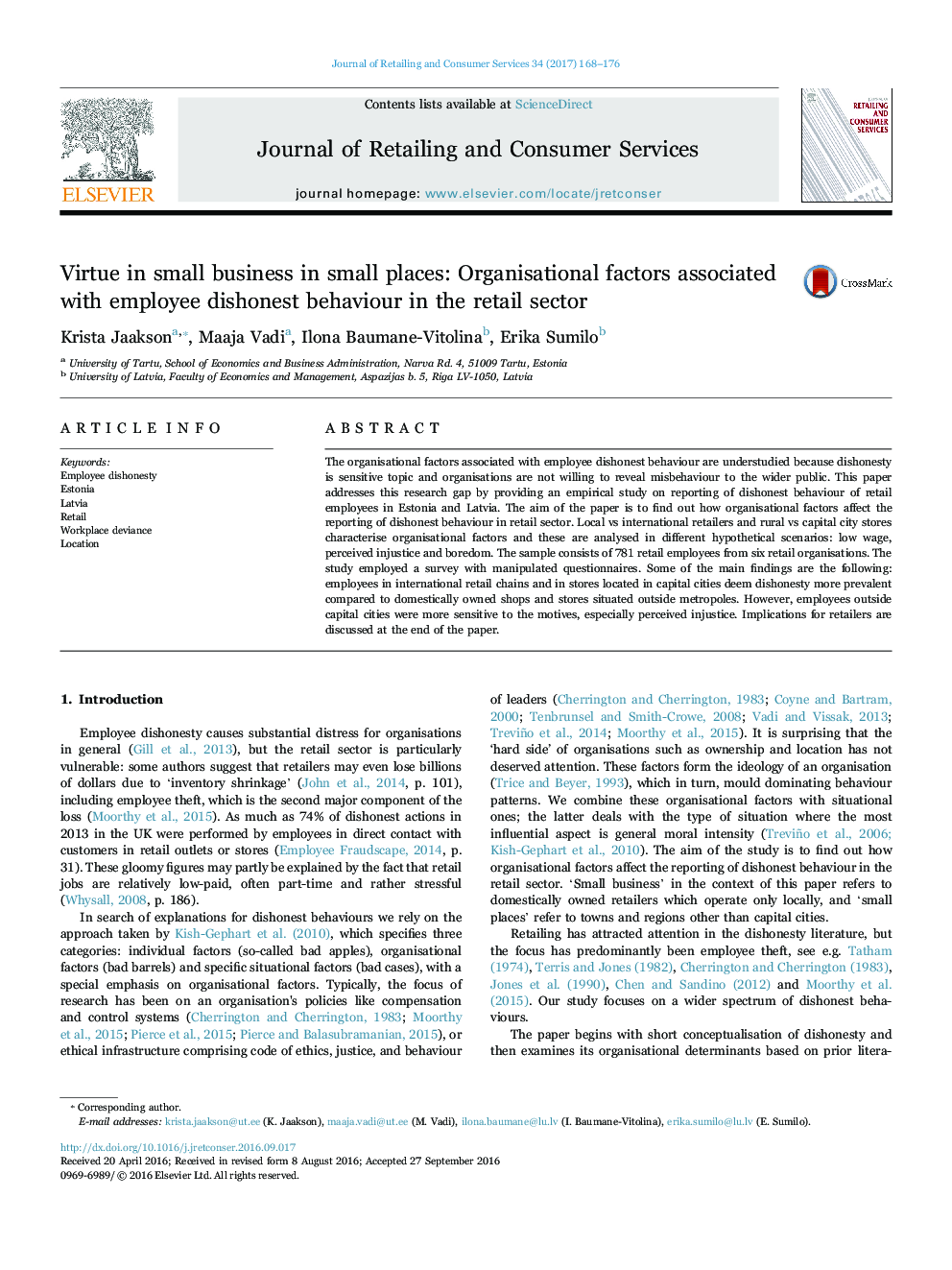 Virtue in small business in small places: Organisational factors associated with employee dishonest behaviour in the retail sector
