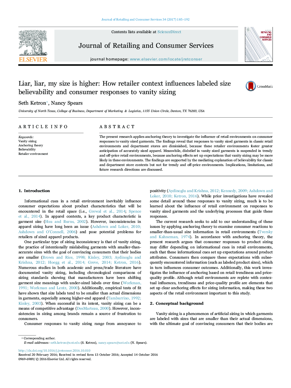 Liar, liar, my size is higher: How retailer context influences labeled size believability and consumer responses to vanity sizing