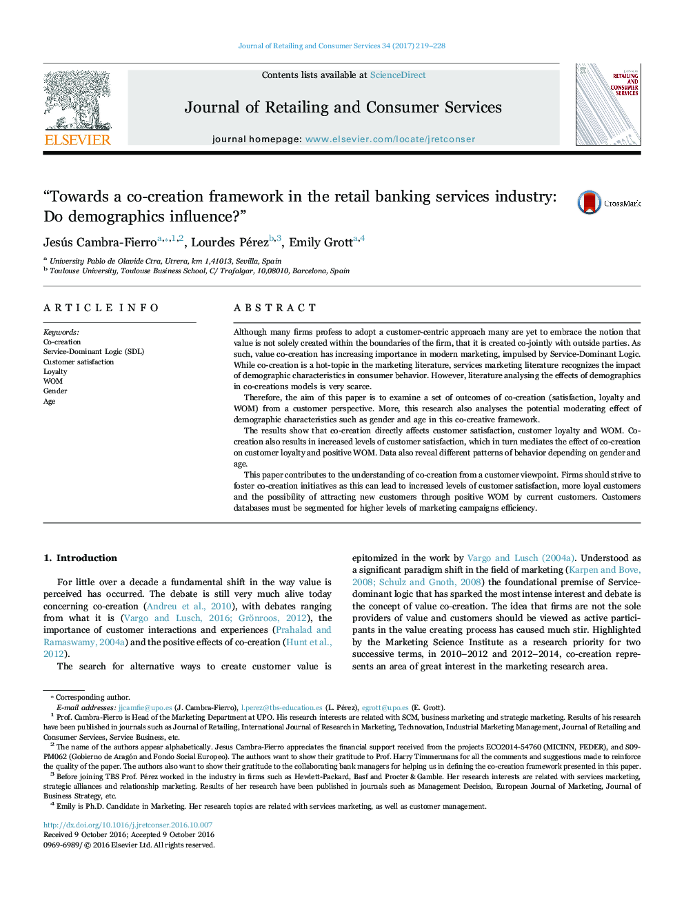 “Towards a co-creation framework in the retail banking services industry: Do demographics influence?”