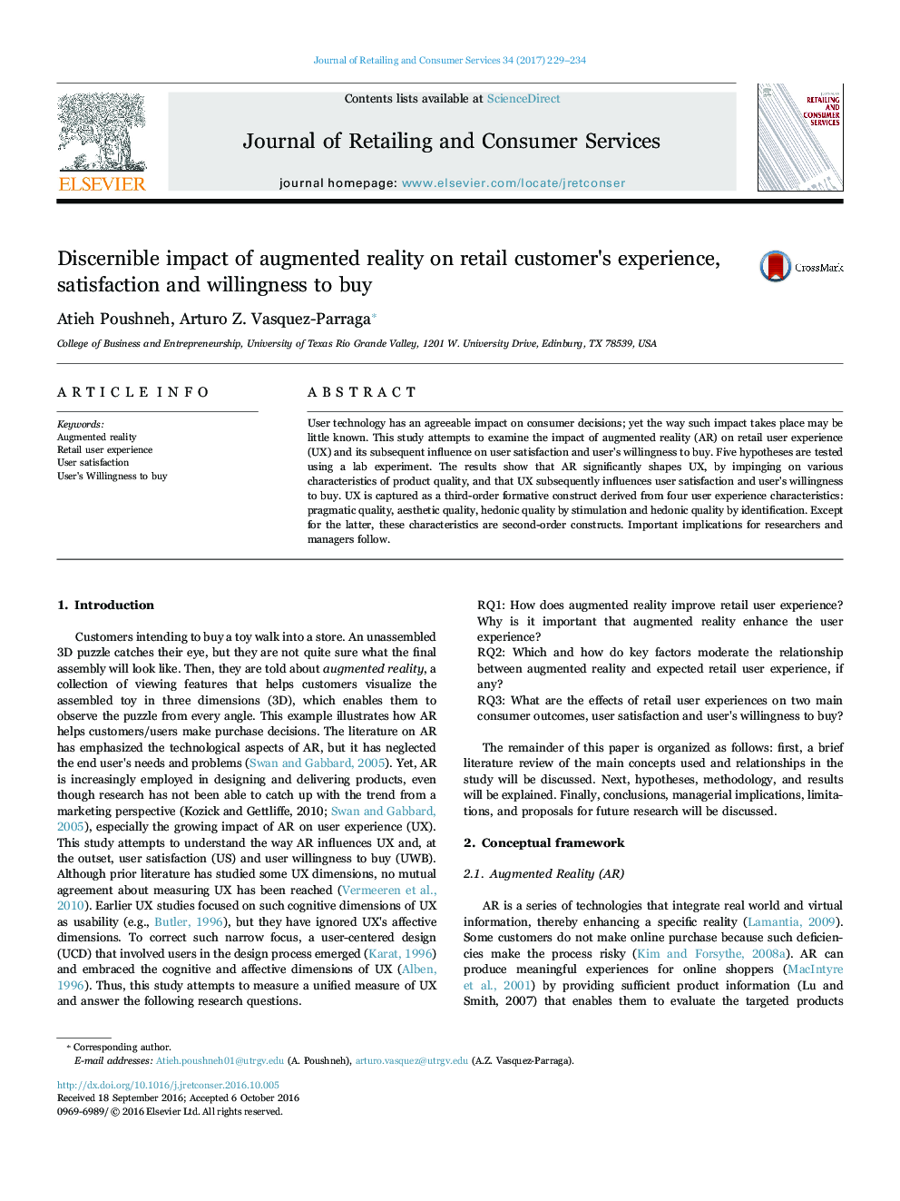 Discernible impact of augmented reality on retail customer's experience, satisfaction and willingness to buy