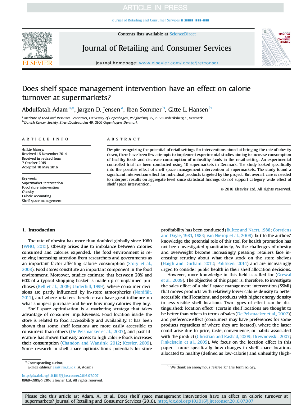 Does shelf space management intervention have an effect on calorie turnover at supermarkets?