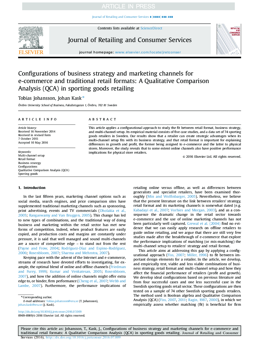 Configurations of business strategy and marketing channels for e-commerce and traditional retail formats: A Qualitative Comparison Analysis (QCA) in sporting goods retailing