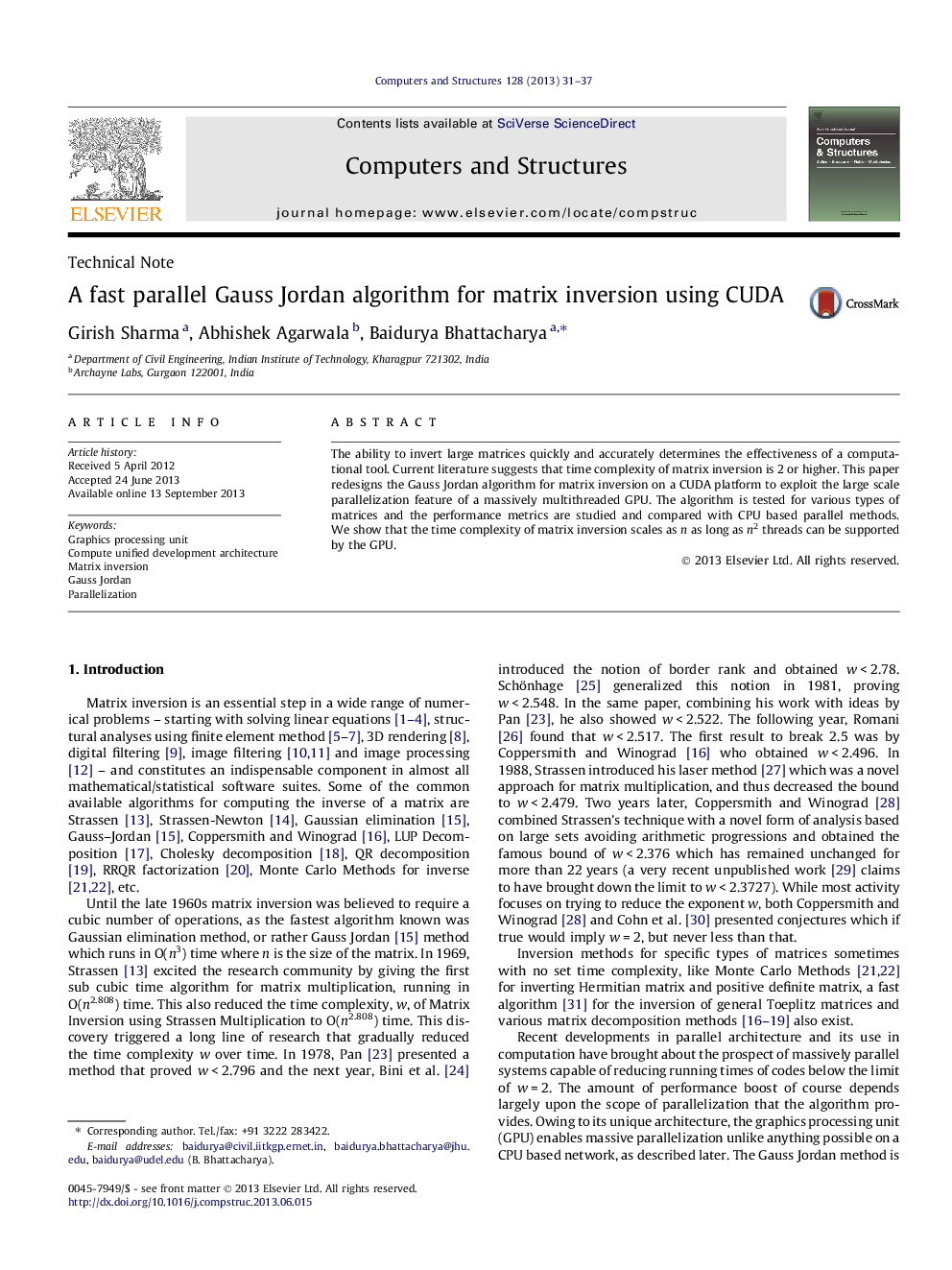 A fast parallel Gauss Jordan algorithm for matrix inversion using CUDA
