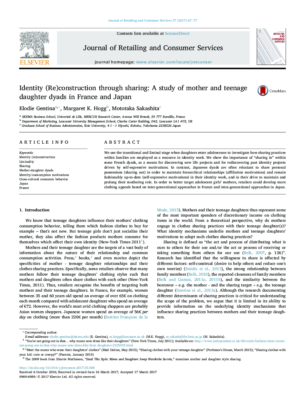 Identity (Re)construction through sharing: A study of mother and teenage daughter dyads in France and Japan