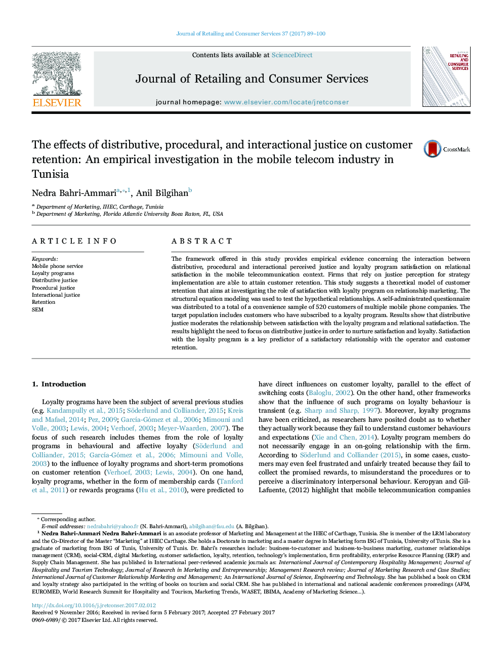 The effects of distributive, procedural, and interactional justice on customer retention: An empirical investigation in the mobile telecom industry in Tunisia