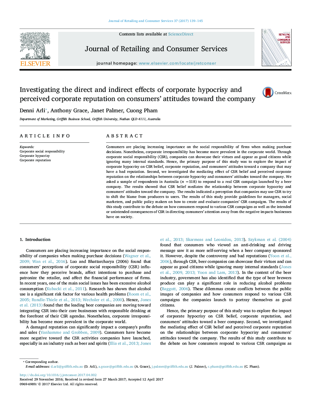 Investigating the direct and indirect effects of corporate hypocrisy and perceived corporate reputation on consumers' attitudes toward the company