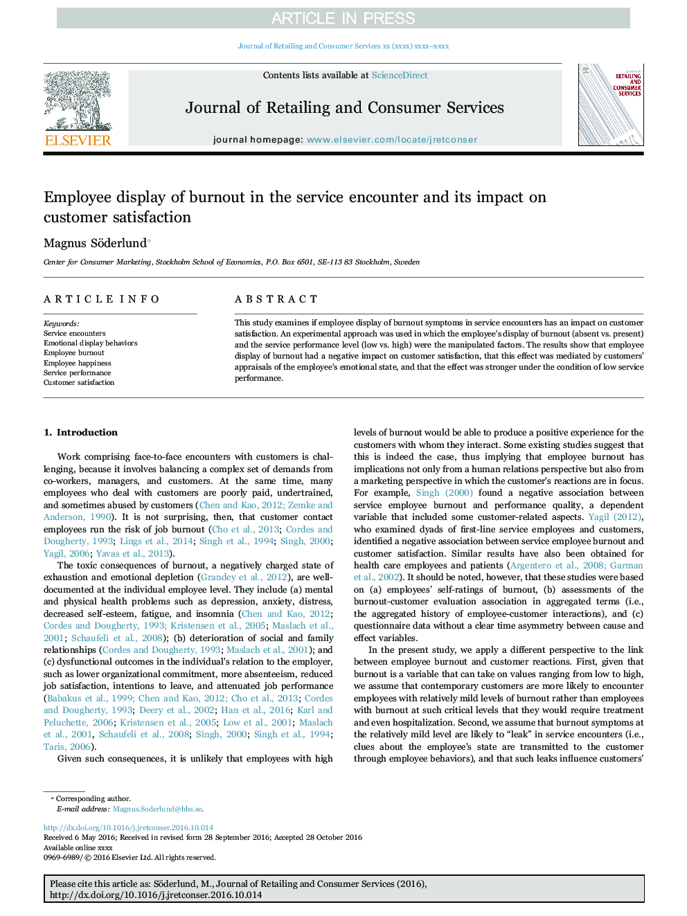 Employee display of burnout in the service encounter and its impact on customer satisfaction